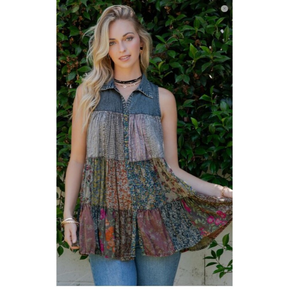 Young Threads Patchwork Boho Chic Buttondown Top VIntage SIze Medium PTP  22